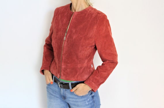 Red Leather Jacket JOFAMA Vintage Red Suede Bomber