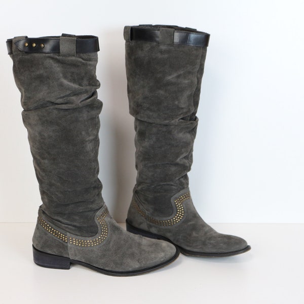 Bottes d’équitation en daim gris LAVORAZIONE ARTIGIANA Tall Gray Boots Gray Flat Suede Boots Hippie Boho Festival Boots 38 (Eur) 7.5 (Us Women) Uk 5