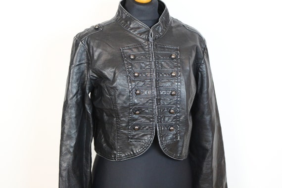 Black Leather Jacket Band Faux Leather Bomber Jac… - image 1