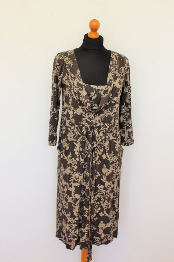 Brown Tunic Floral Smock Dress Brown Cocoon Tunic Folk Style Tunic Dress Feminine Dress Two pockets 3/4 Sleeve Shirt Medium Size