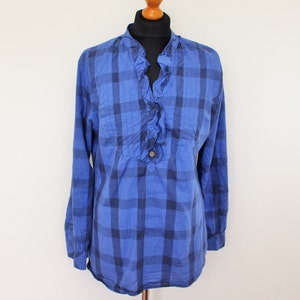 Blue Plaid Blouse Preppy Grunge Shirt  Women  Checkered Blouse Country  Holiday Blouse  Peasant Folk Style Tunic Long Sleeve Shirt Medium