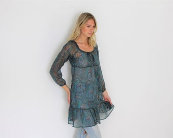 Sheer Dress Turquoise Paisley Dirndl Dress Empire Waist Tunic Boho Hippie Tunic Flower Dress Long Sleeve Casual Folk Style Small to Medium