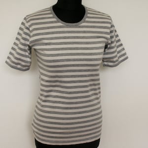 MARIMEKKO Top Nautical Gray White Striped Sailor Marine Short Sleeve Top X Small Size Made in Finland