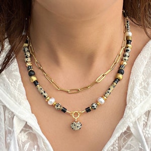 Layered necklace - Dalmatian Jasper Necklace, Handmade Pearls Necklace, Unique boho necklace, Black necklace