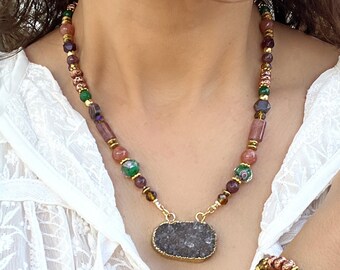 Druzy Quartz Pendant Necklace, Gemstone Boho Jewelry