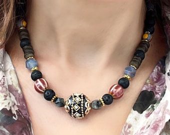 African Style Gemstone Necklace, Indonesian Pendant, Boho Beaded Jewelry