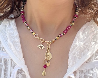 Unique Hot Pink Necklace, Handmade Pink Jade Charms Necklace, Boho Style Gemstones Knotted Necklace, Gold Stones Necklace, Gift for Women