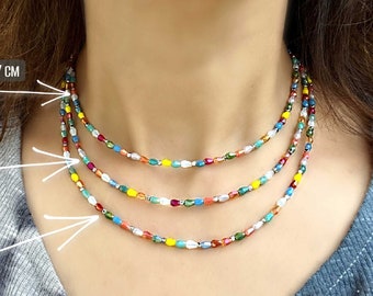 Colorful Layered Crystal Necklace, Boho Beaded Jewelry