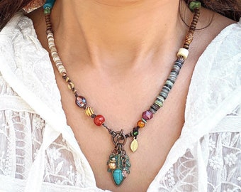 Unique Colorful ethnic necklace, Shells & Gemstones - Boho necklace, Leaf-shaped Patina pendant, Bohemian