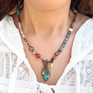 Unique Colorful ethnic necklace, Shells & Gemstones - Boho necklace, Leaf-shaped Patina pendant, Bohemian