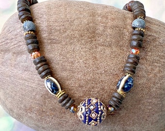 African Style Beaded Statement Necklace, Indonesian Pendant, Boho Jewelry