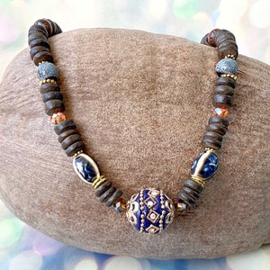 African Style Blue Statement Necklace, Handmade Indonesian Pendant Necklace, Ethnic Beaded Necklace, Unique Boho Black Jewelry. Gift for Her