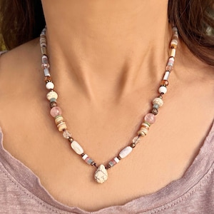 Gemstones and Shells Earth tone Copper Necklace, Nature necklace, White Teardrop necklace Pendant, Unique Crystals jewelry, Unique Love Gift
