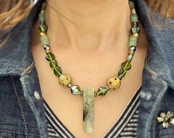 Prehnite Healing Stone Statement Necklace, Green Gemstone Beaded Jewelry