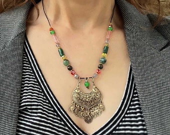 Ethnic Coin Medallion Necklace, Gemstone Boho Pendant, Vintage Gold Jewelry