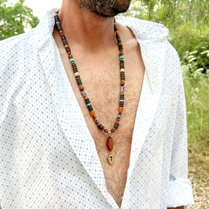 Long Gemstones Necklace for Men, Mens Boho Necklace, Statement Beaded Necklace, Handmade Necklace - Gift for Men, Unique Layering Necklace