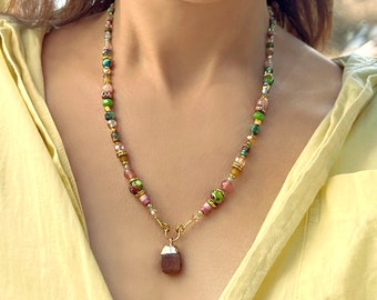 Multi-Color gemstones necklace - Quartz pendant, Boho unique necklace, Bohemian