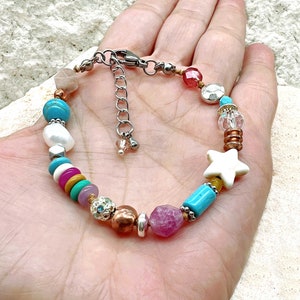 Rainbow Stuff Bracelet, Rainbow Beads Bracelet, Rainbow Crystals Bracelet,  Amethyst Bracelet, Pink Quartz Bracelet, Ethnic Bracelet for Her 