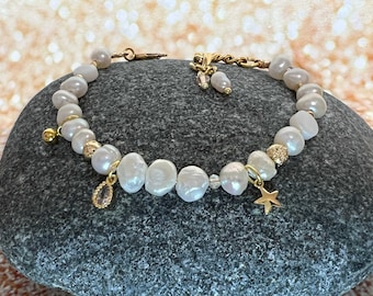 Handmade Freshwater Pearl Bracelet, 18K Gold Plated Charms, Bridal Jewelry