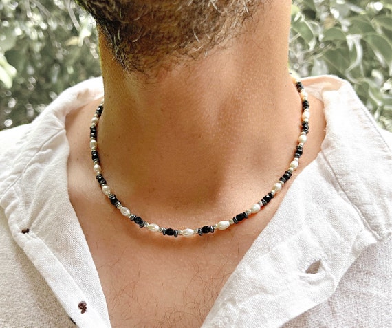 Mixed Pearl and Red Onyx Half and Half Necklace with Flame Ball Drop P -  Aurora Designer