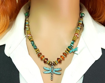 Dragonfly Leather Necklace, Dragonfly Nature Lover Gift, Green Dragonfly Pendants Necklace, Unique Boho Style Copper Jewelry, Handmade Gift