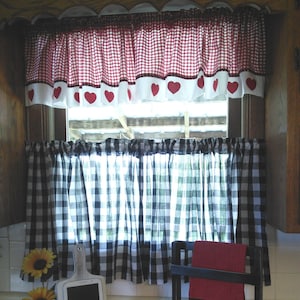 NEW Cotton Country Valance and Curtain Panels  for Window or Door Lipstick Red and Black Gingham Check With Heart Appliques and Towel