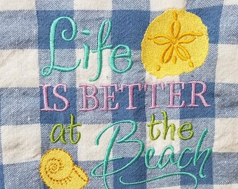 One Blue Checked Embroidered Cotton Kitchen Towel, Beach  Living, Beach kitchen, Beach Towel, Beach Lover, Sea Shells towel,