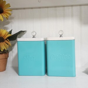 Set of Two Seafoam Green Metal Canisters, Farmhouse Canisters, Farm Kitchen, Coffee Canister, Tea Canister