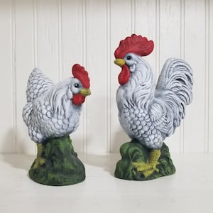 Porcelain Rooster and Hen Figurines, Farmhouse Decor, Rooster Kitchen, Farm Animal Decor, Vintage Kitchen,