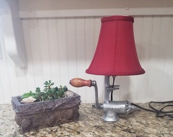 Re-purposed Food Grinder Desk Lamp, Table Lamp, Reading Lamp, Upcycled, Vintage food grinder, Metal Lamp, Kitchen Lamp