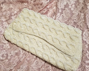 Vintage White Beaded Clutch Purse, Formal Clutch Bag, Formal Beaded Purse, Wedding Accessories, Formal Accessories