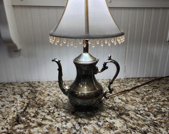 Re-purposed Silver Tea Kettle Coffee Pot Lamp #1, Table Lamp, Reading Lamp, Upcycled, Vintage Coffee Pot, Metal Lamp, Kitchen Lamp
