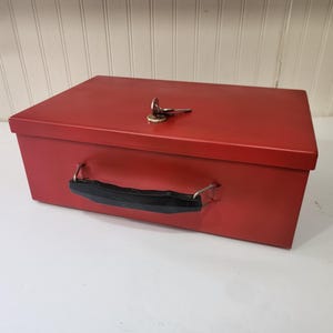 Vintage Heavy Metal File Box, Vintage Office, Office Storage, All Metal File box, Hinged File Box, Desk Storage, Red metal Lock box with key