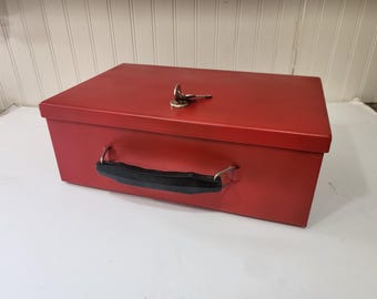 Vintage Heavy Metal File Box, Vintage Office, Office Storage, All Metal File box, Hinged File Box, Desk Storage, Red metal Lock box with key