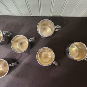 May include: Six silver-colored cups with handles are arranged on a dark surface. The cups have a shiny, metallic exterior and a gold-colored interior. The handles have a decorative design.