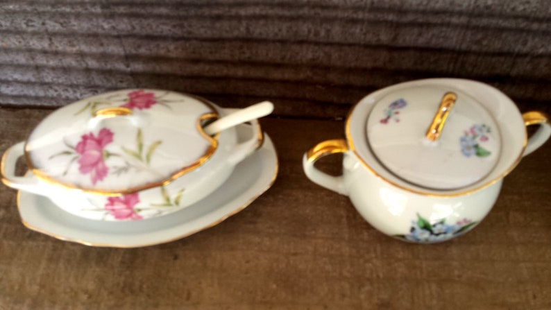 Vintage China Condiment Serving Dish and China Sugar and Cream Set