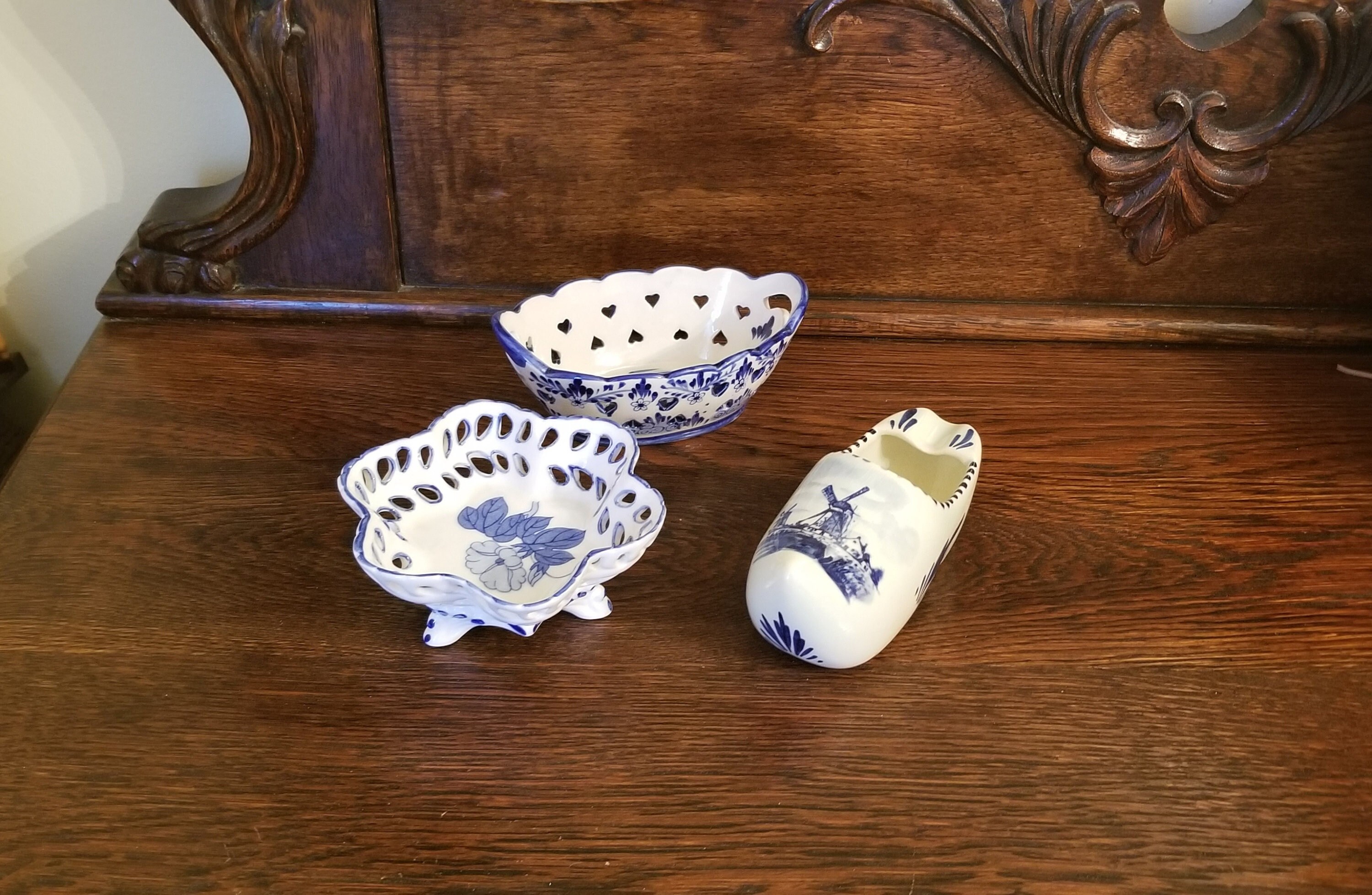 Three Pieces, Ceramic Dutch Shoe, Ceramic Clog Shoe, Delft Shoe, Dutch Decor, Windmill Decor, International Decor, Blue and White Decor