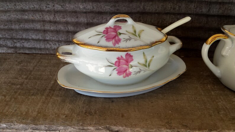 Vintage China Condiment Serving Dish and China Sugar and Cream Set