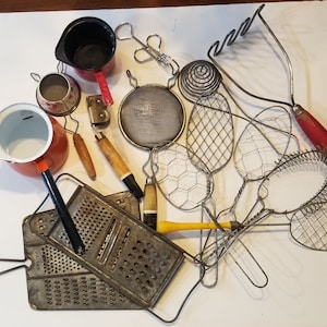 Huge lot of Vintage Kitchen Cooking Utensils, Vintage Ladles, Vintage Whisks, Vintage Graters, Vintage Masher, Vintage Strainers