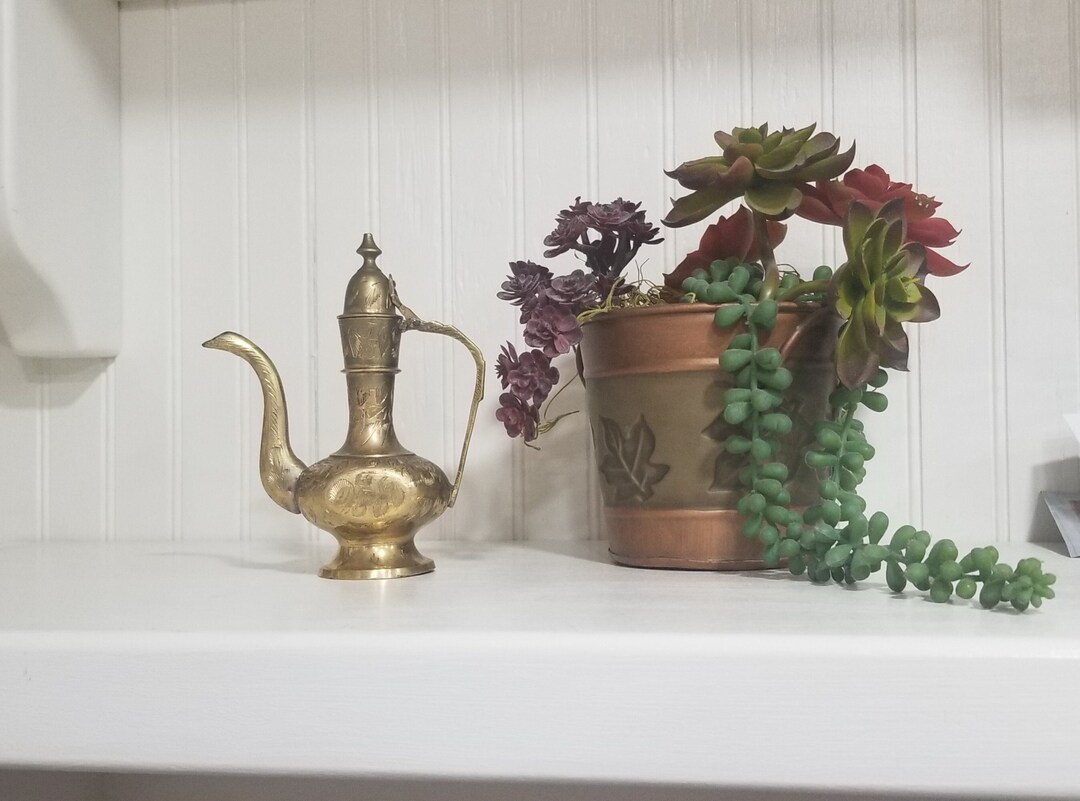 Made in India, Brass Plated Engraved Miniature Pitcher, Teapot, Z.Y