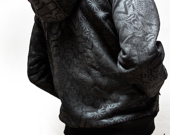 Psytrance Hoodie Stars Black - Zip Jacket - Removable Hood - Face Mask Included - Festival Outerwear