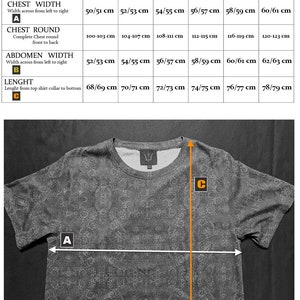 Puede incluir: Tabla de tallas para camisetas con medidas en cent&iacute;metros para el ancho del pecho, la circunferencia del pecho, el ancho del abdomen y la longitud. La tabla incluye las tallas S, M, L, XL, 2XL y 3XL.
