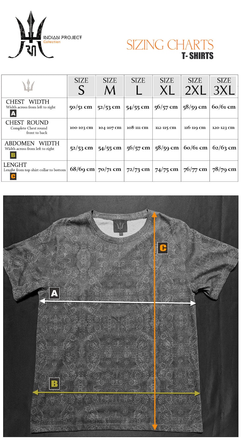 Puede incluir: Tabla de tallas para camisetas con medidas en cent&iacute;metros para el ancho del pecho, la circunferencia del pecho, el ancho del abdomen y la longitud. La tabla incluye las tallas S, M, L, XL, 2XL y 3XL.