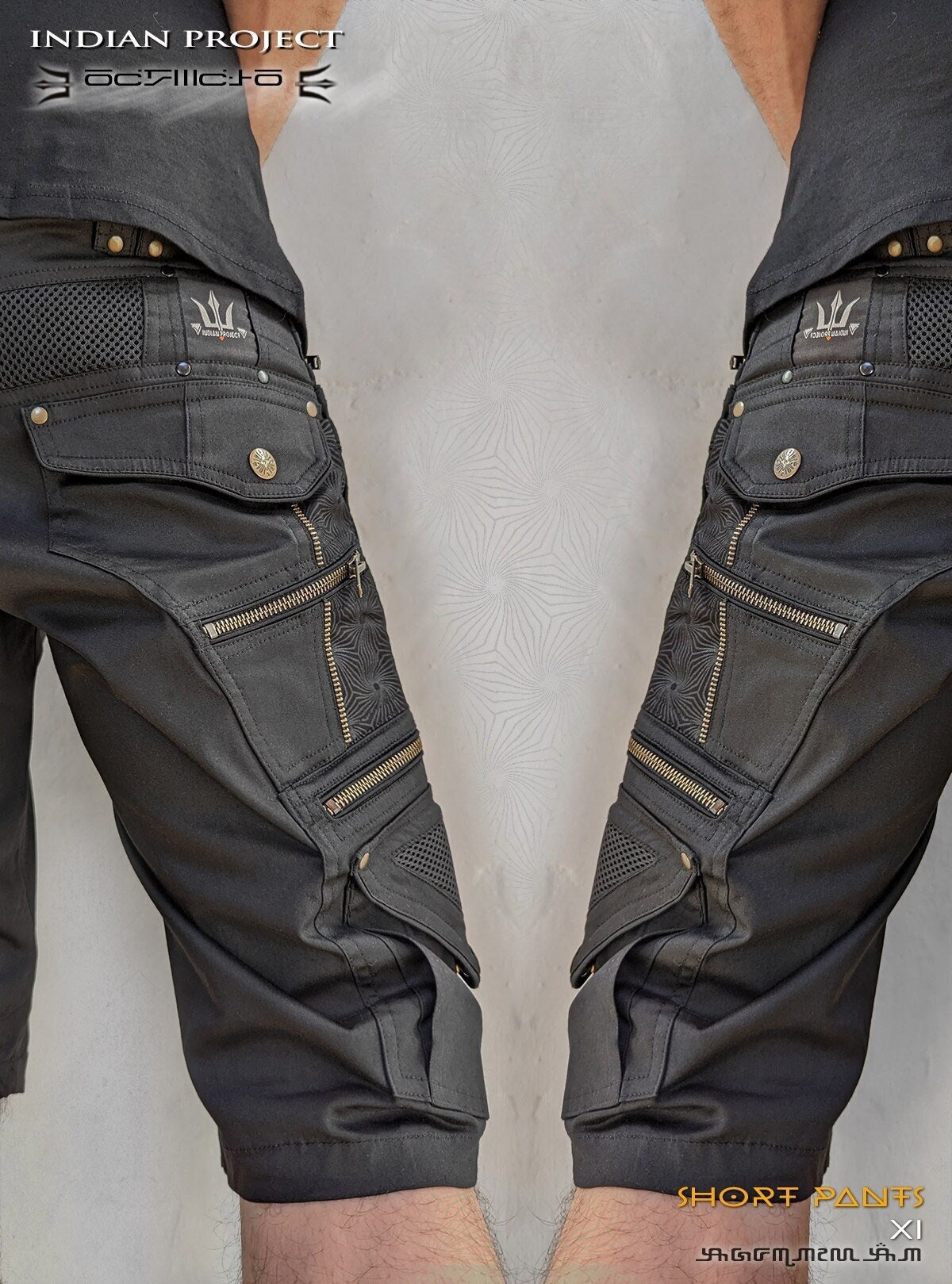 Black Cotton Stretch Cargo Shorts: Festival Goa Psytrance Clothing