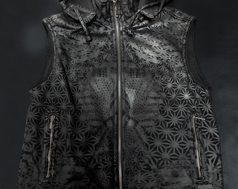 Psytrance Hoodie Stars Black - Zip Vest - Removable Hood - Face Mask Included - Festival Outerwear