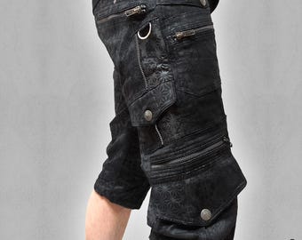 THETA Black Cotton Goa Psytrance Cargo Shorts | Festival clothing | Techwear & Psywear