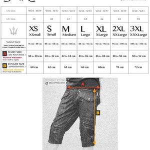 May include: A sizing chart for quarter pants by Indian Project Collection, featuring a table with US and UE sizes ranging from XS to 3XL, waist measurements in cm, and a diagram of dark cargo-style shorts with orange arrows labeled A and B.