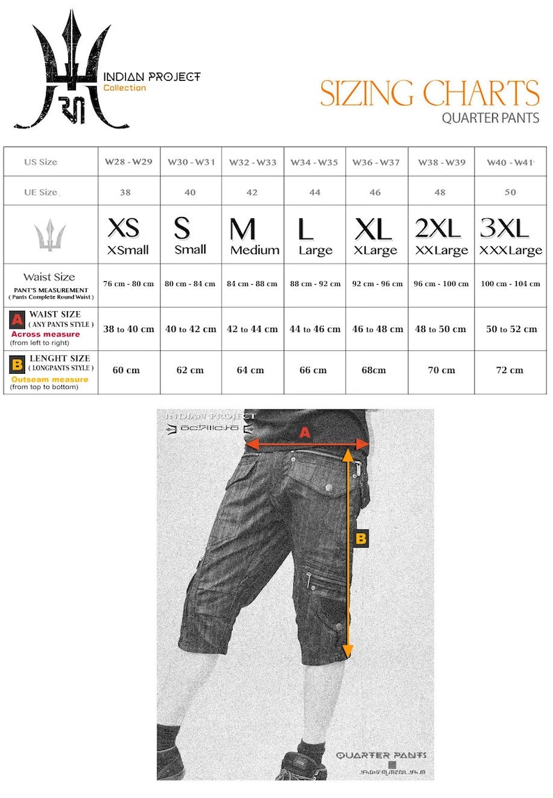 May include: A sizing chart for quarter pants by Indian Project Collection, featuring a table with US and UE sizes ranging from XS to 3XL, waist measurements in cm, and a diagram of dark cargo-style shorts with orange arrows labeled A and B.