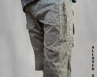 Printed Cargo Shorts PsyStars - Tonal Screenprint Light Olive - Festival Rave Multi Pocket