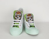 Mint green shoes, sugar skulls, day of the dead, women shoe, rockabilly, gift for her, birthday gift, summer shoe, dia de los muertos, skull
